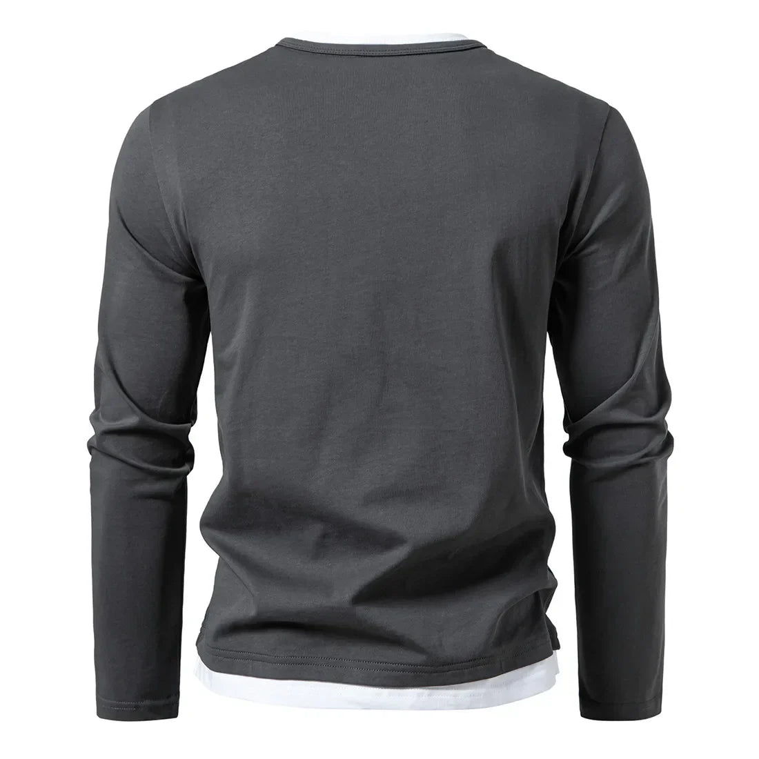 Men's Long Sleeve Herringbone Cotton T-Shirt with O-Neck Notch Detail