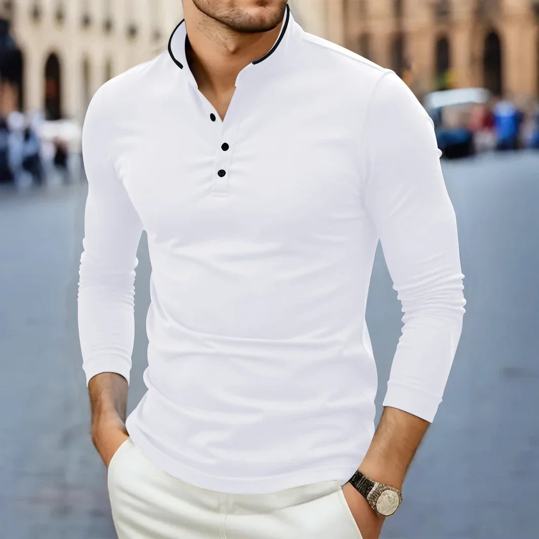 Men's Long Sleeve Stand Collar Shirt - Stretch Fabric Slim Fit Tee