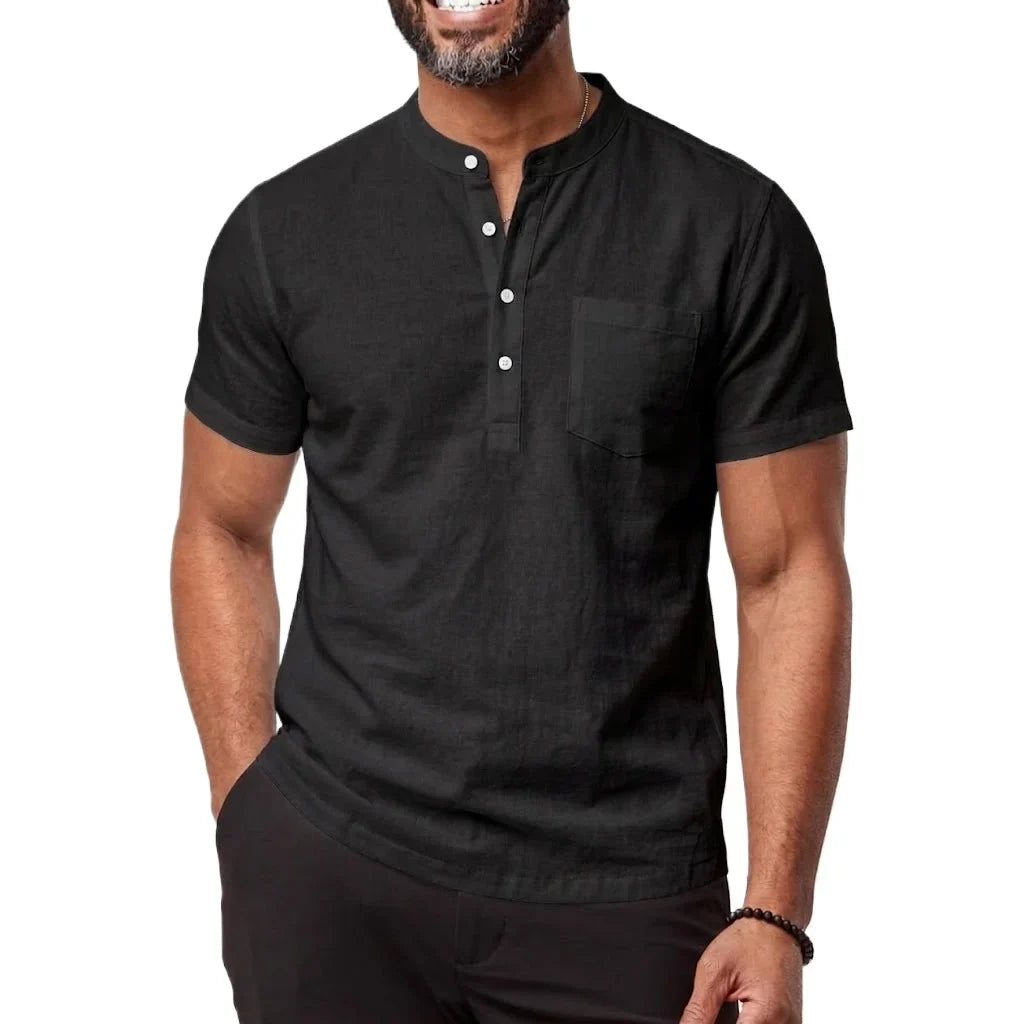 Men's Linen Henley Tee - Breathable Short Sleeve Casual Shirt