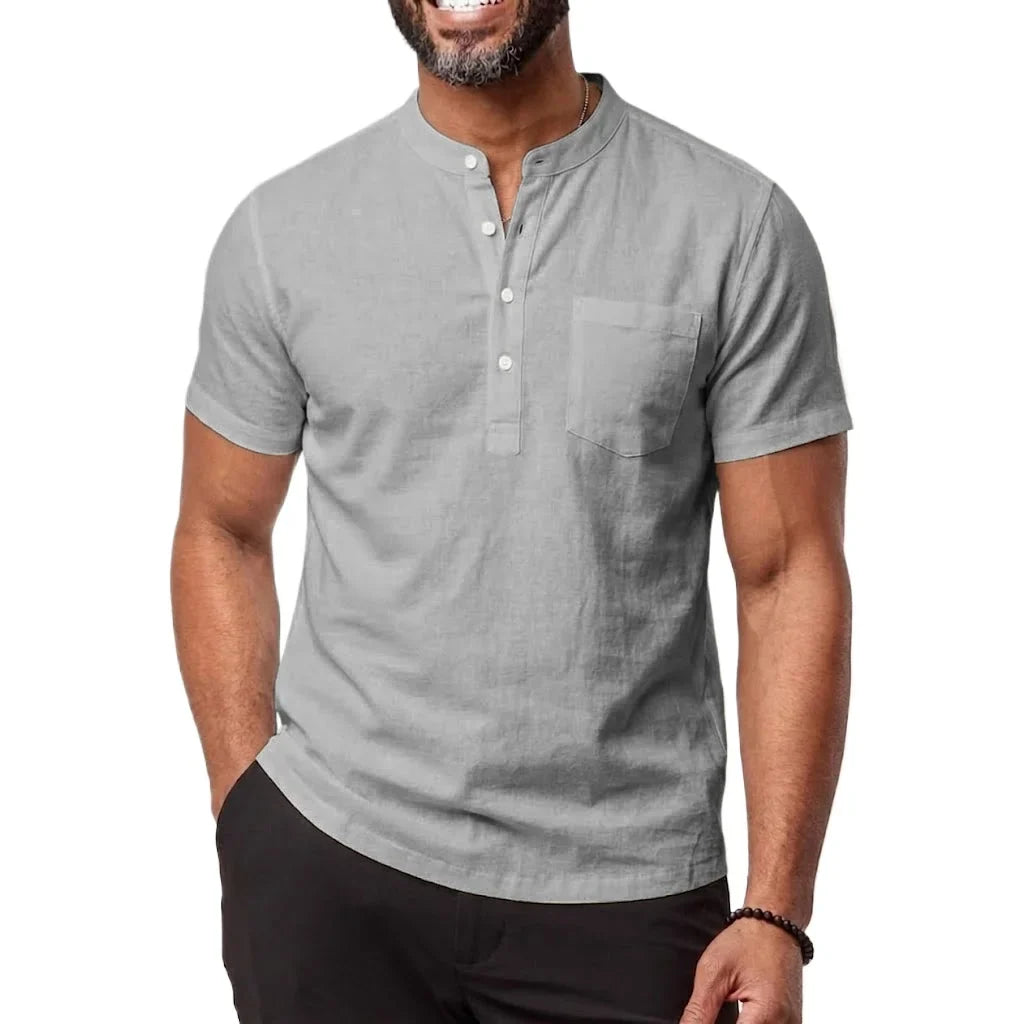 Men's Linen Henley Tee - Breathable Short Sleeve Casual Shirt