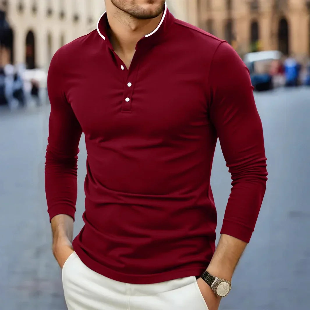 Men's Long Sleeve Stand Collar Shirt - Stretch Fabric Slim Fit Tee