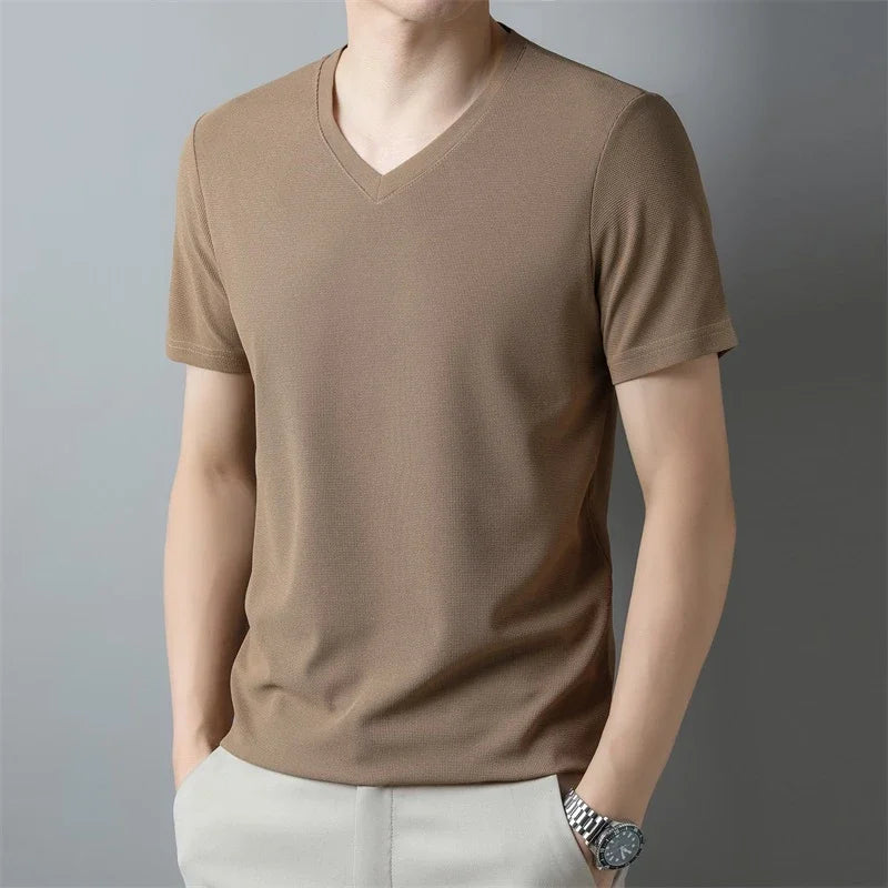 Men's Waffle Knit V-Neck T-Shirt, Breathable Short Sleeve Casual Tee