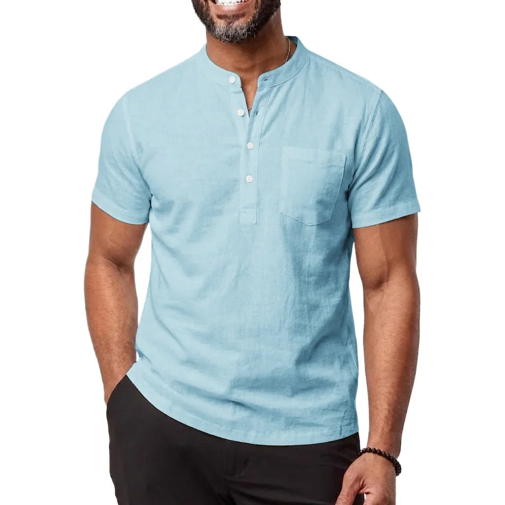 Men's Linen Henley Tee - Breathable Short Sleeve Casual Shirt