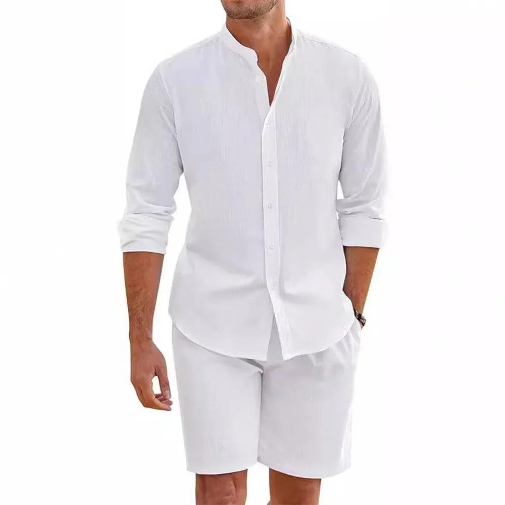 Men's Cotton Linen Two Piece Set - Mandarin Collar Shirt & Shorts