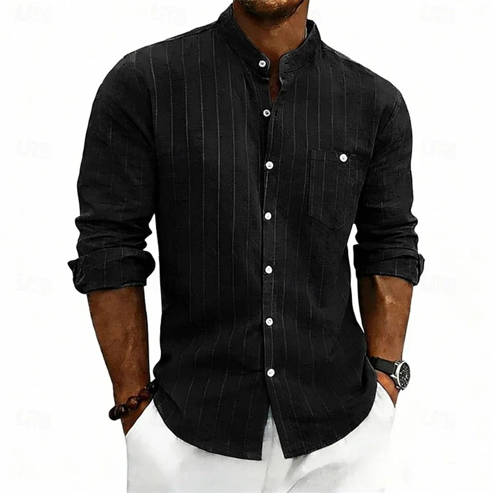 Men's Striped Linen Shirt with Band Collar and Chest Pocket, Breathable Fit
