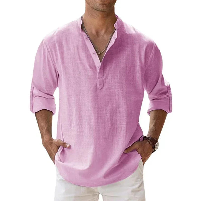 Men's Long Sleeve Henley Shirt - Relaxed Fit Button Neckline Tee