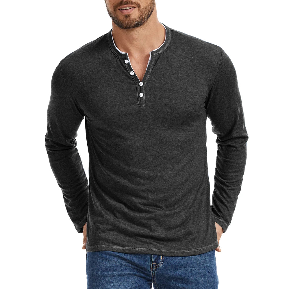 Men's Long Sleeve Cotton Henley Shirt - V-Neck Button Placket Tee