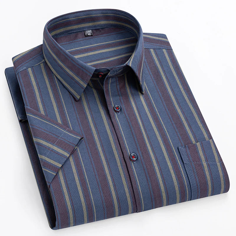 Men's Striped Short Sleeve Shirt with Chest Pocket, Breathable Summer Fit