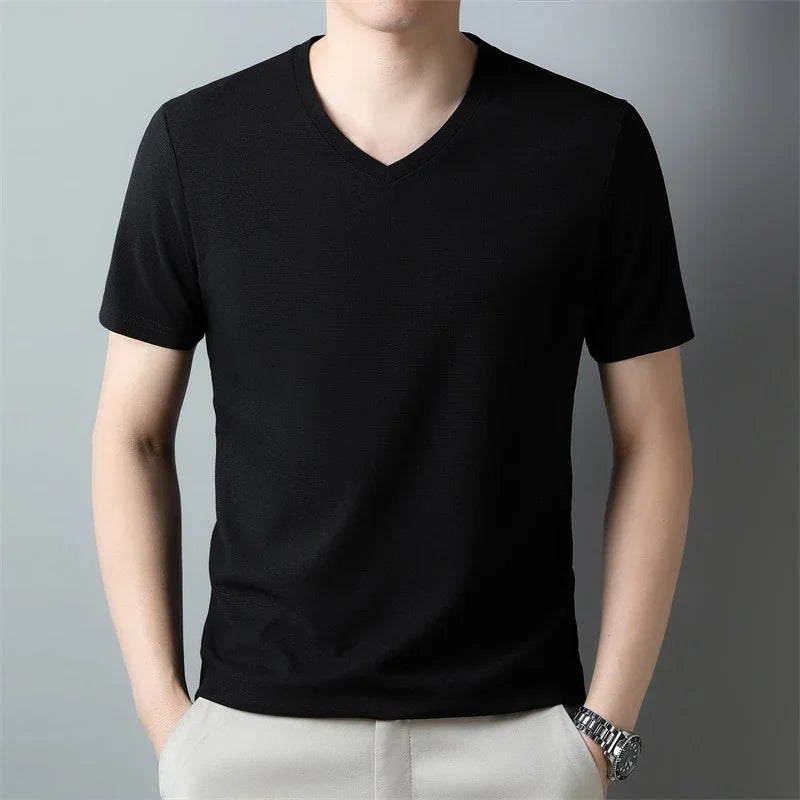 Men's Waffle Knit V-Neck T-Shirt, Breathable Short Sleeve Casual Tee