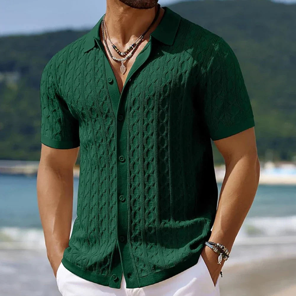 Men's Textured Knit Shirt with Cable Detail, Breathable Stretch Fit