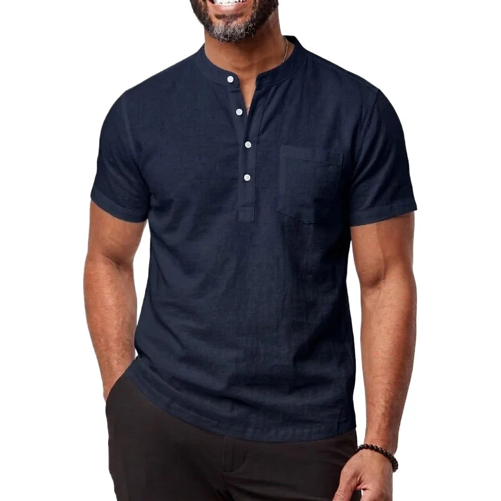 Men's Linen Henley Tee - Breathable Short Sleeve Casual Shirt