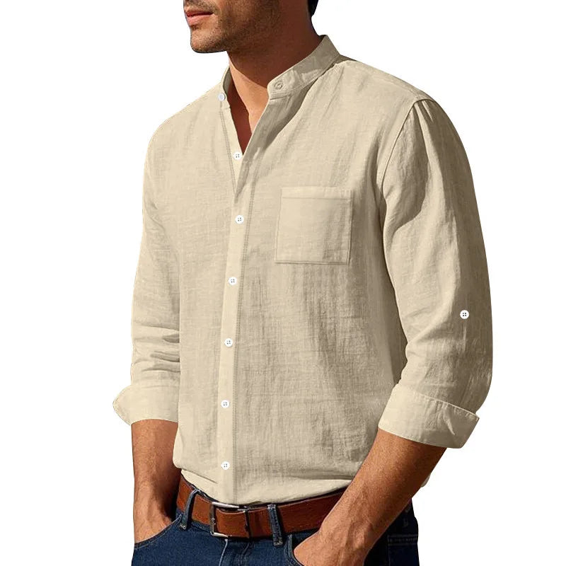 Men's Linen Long Sleeve Shirt with Stand Collar, Lightweight Casual Fit