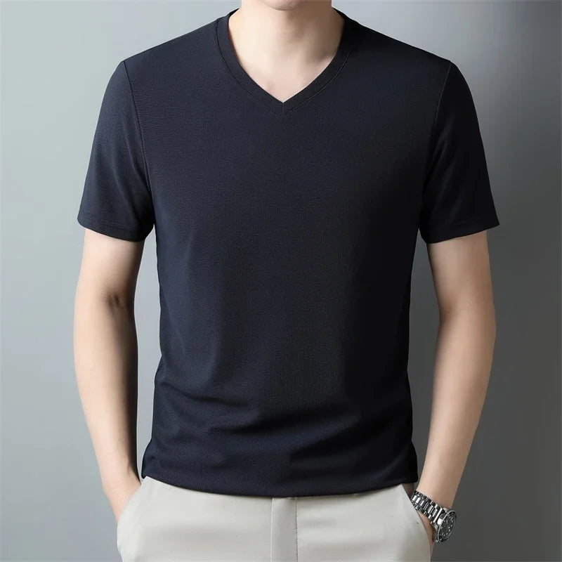 Men's Waffle Knit V-Neck T-Shirt, Breathable Short Sleeve Casual Tee