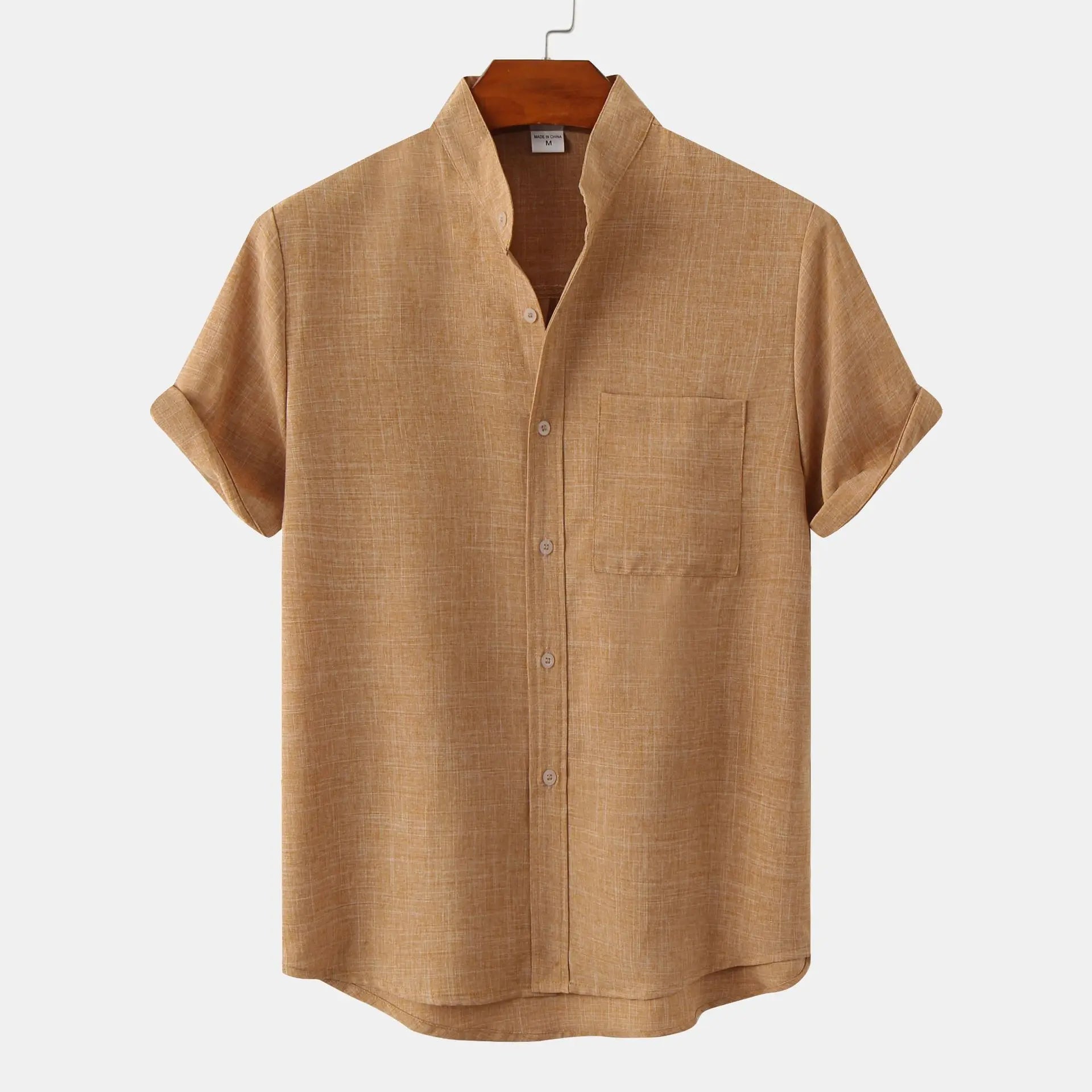 Men's Collarless Summer Shirt, Casual Button-Front Shirt
