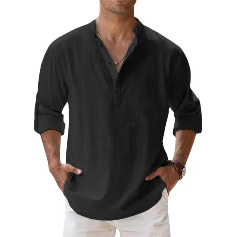 Men's Long Sleeve Henley Shirt - Relaxed Fit Button Neckline Tee