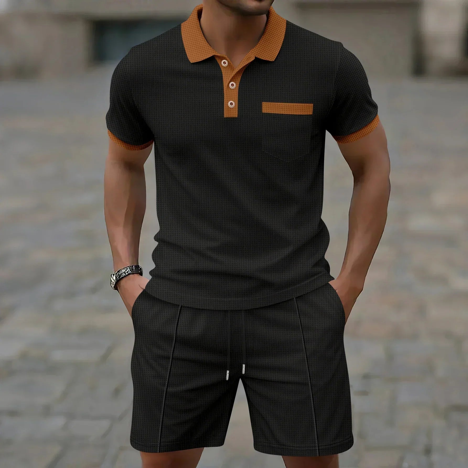 Men's Summer Polo Shirt and Shorts Set with Contrast Collar, Two-Piece Outfit