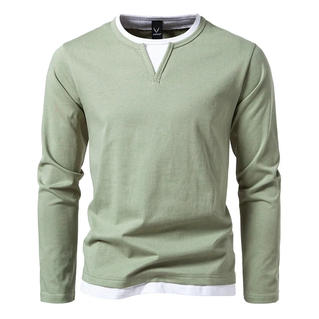 Men's Long Sleeve Herringbone Cotton T-Shirt with O-Neck Notch Detail