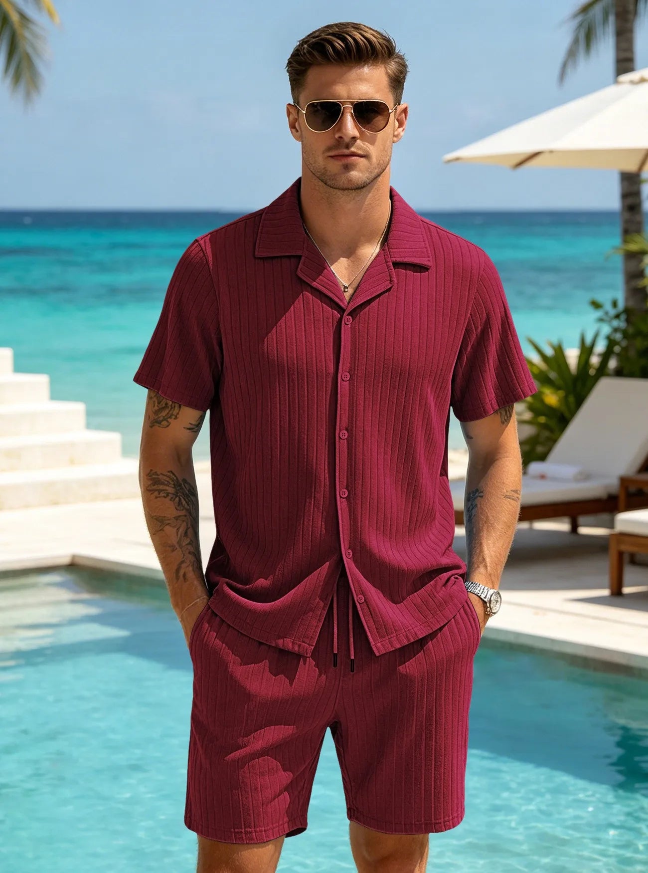Men's Two Piece Shorts Set - Short Sleeve Shirt & Drawstring Shorts