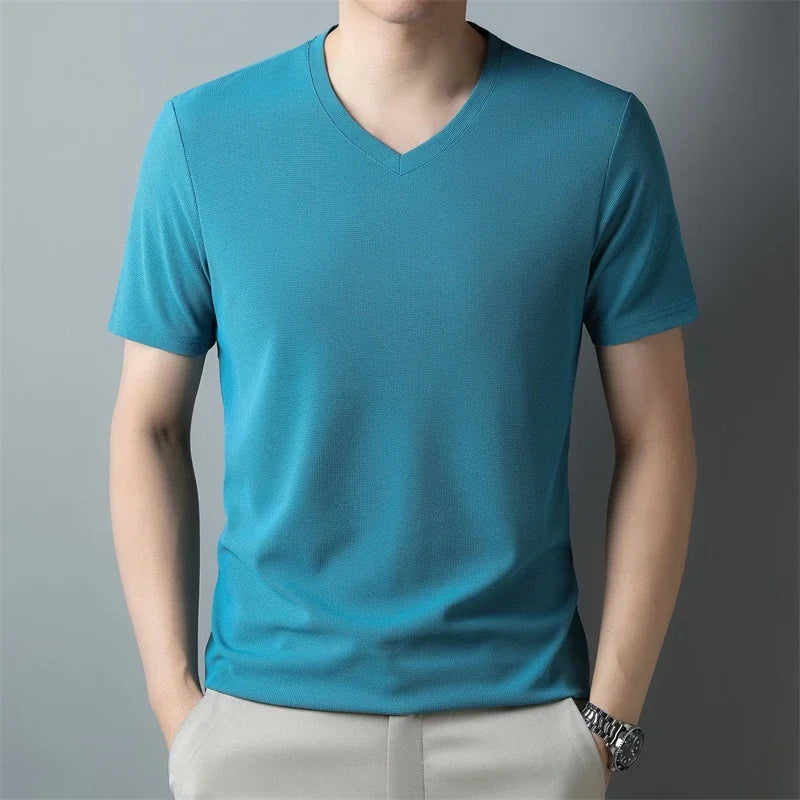 Men's Waffle Knit V-Neck T-Shirt, Breathable Short Sleeve Casual Tee