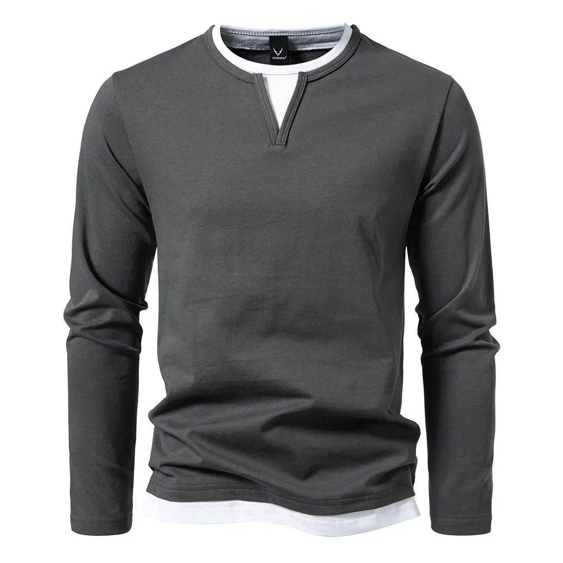 Men's Long Sleeve Herringbone Cotton T-Shirt with O-Neck Notch Detail
