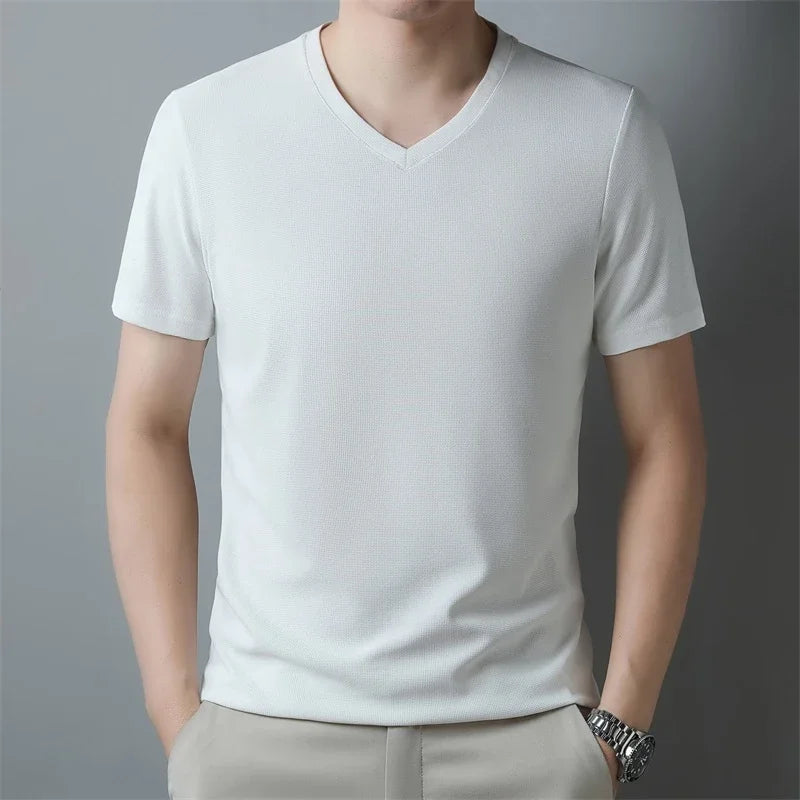 Men's Waffle Knit V-Neck T-Shirt, Breathable Short Sleeve Casual Tee