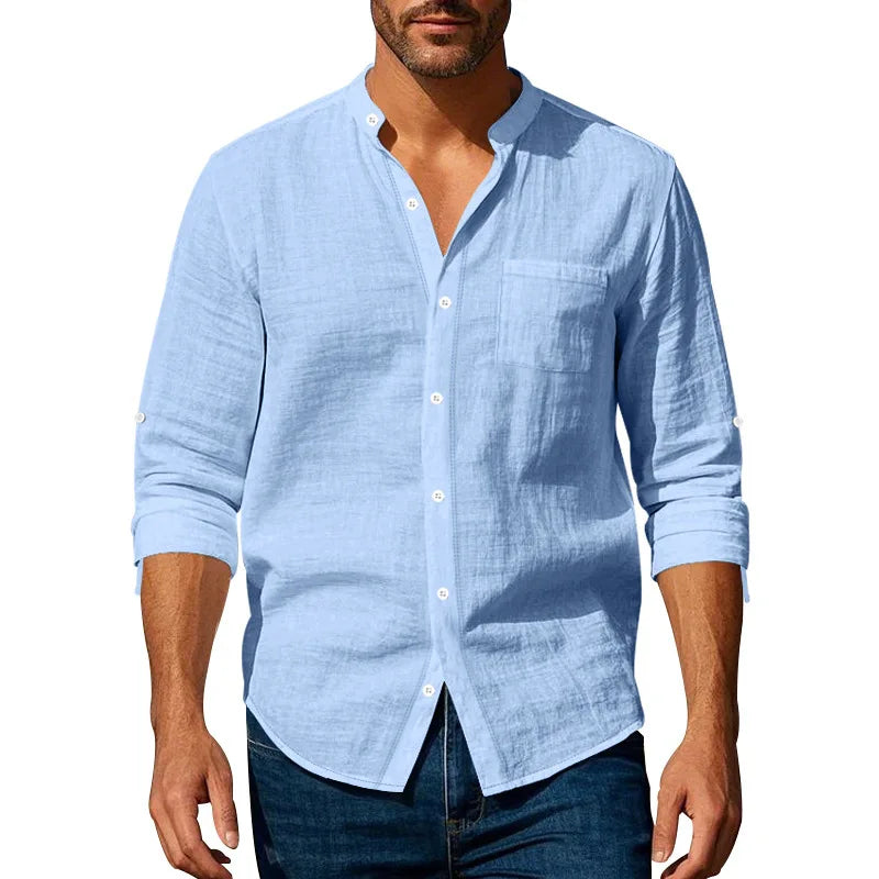 Men's Linen Long Sleeve Shirt with Stand Collar, Lightweight Casual Fit