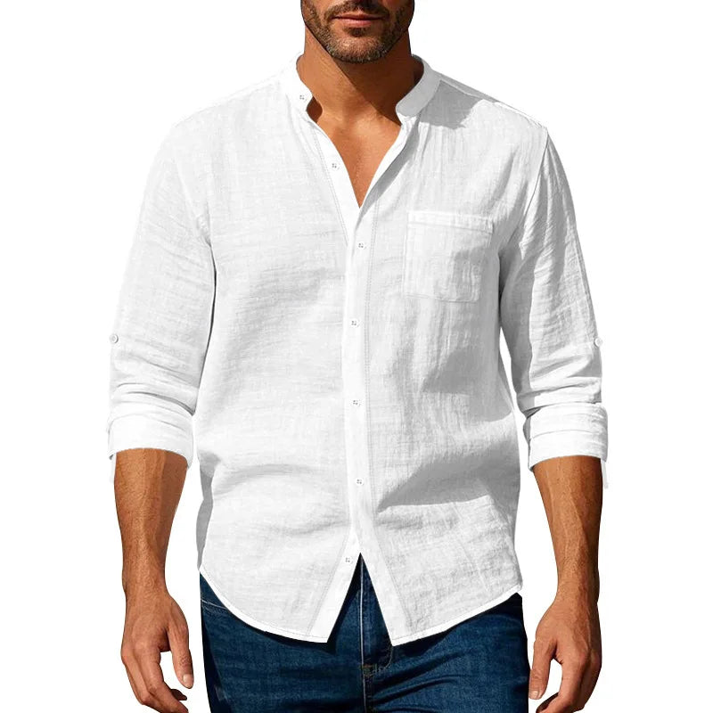 Men's Linen Long Sleeve Shirt with Stand Collar, Lightweight Casual Fit