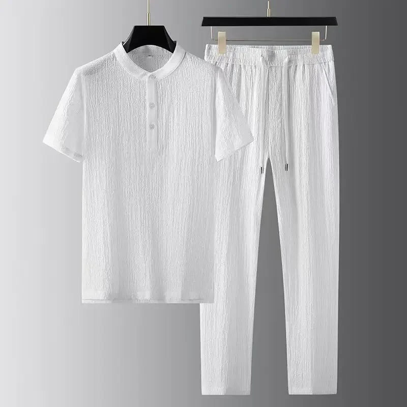 Men's Two Piece Shirt & Trouser Set - Textured Relaxed Fit Outfit