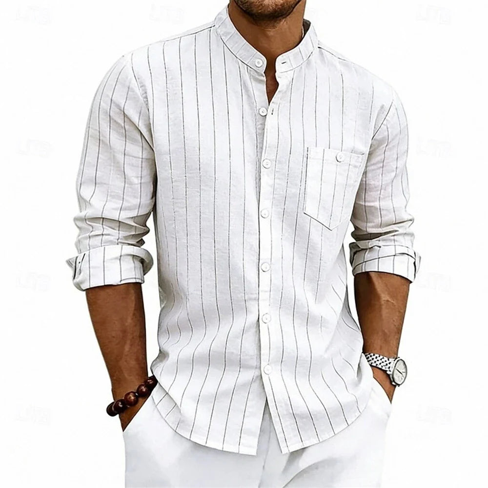 Men's Striped Linen Shirt with Band Collar and Chest Pocket, Breathable Fit