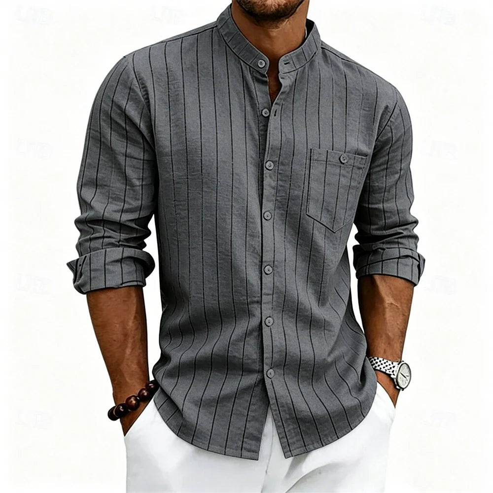 Men's Striped Linen Shirt with Band Collar and Chest Pocket, Breathable Fit