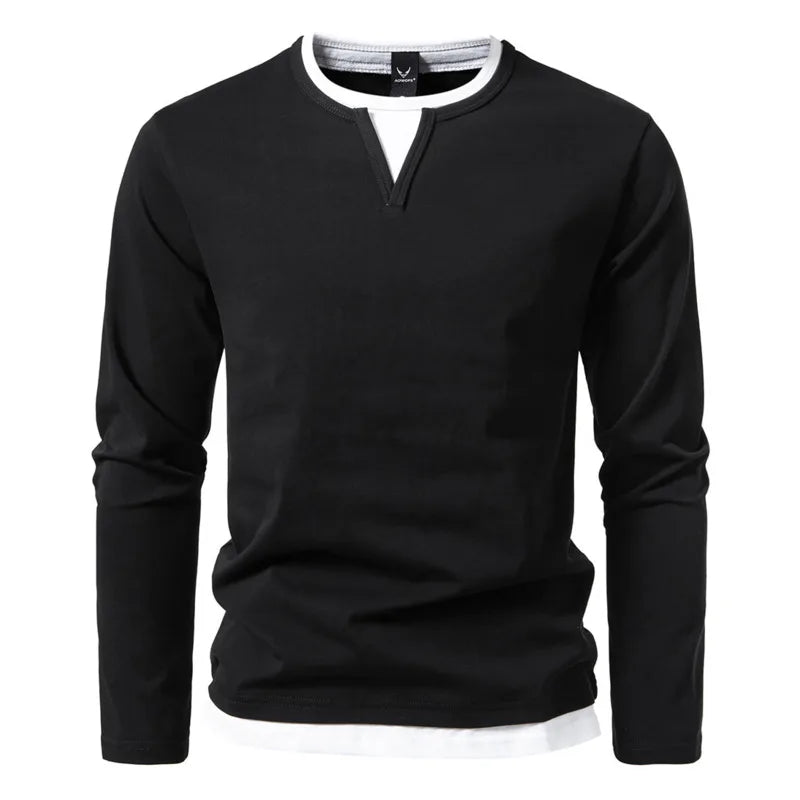 Men's Long Sleeve Herringbone Cotton T-Shirt with O-Neck Notch Detail