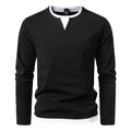 Men's Long Sleeve Herringbone Cotton T-Shirt with O-Neck Notch Detail