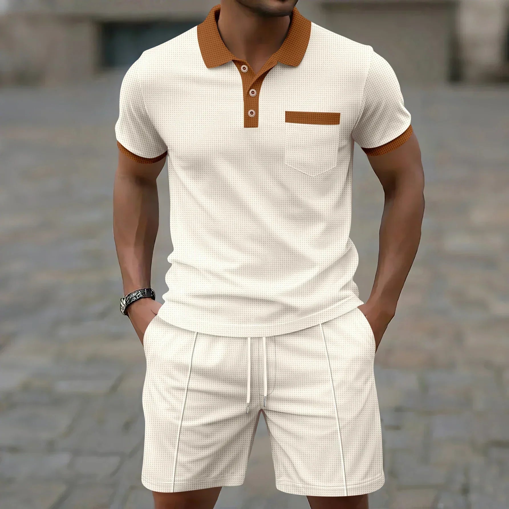 Men's Summer Polo Shirt and Shorts Set with Contrast Collar, Two-Piece Outfit