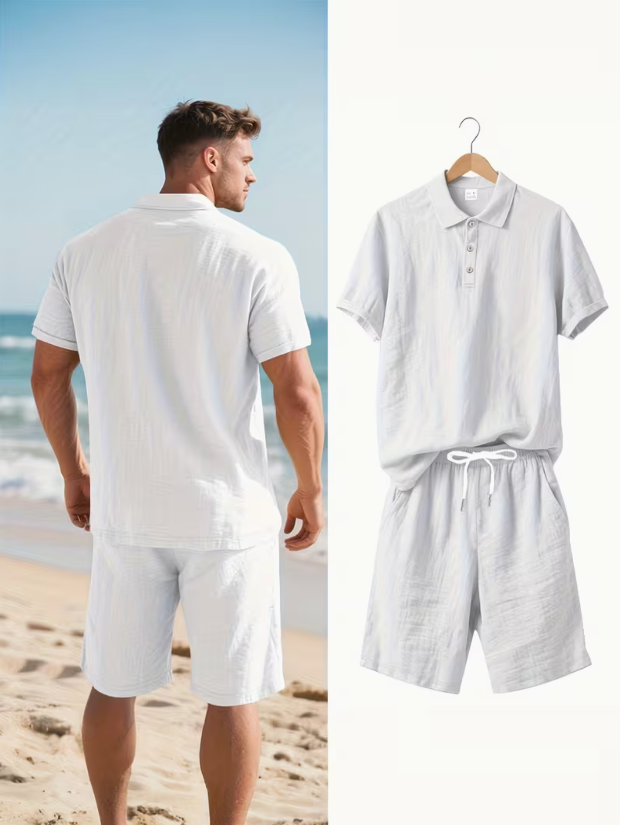Men's Polo Shirt and Shorts Set with Adjustable Waist, Matching Summer Outfit