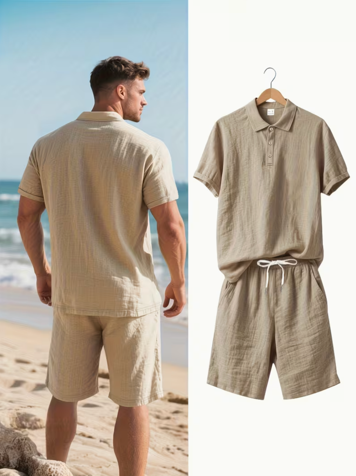 Men's Polo Shirt and Shorts Set with Adjustable Waist, Matching Summer Outfit