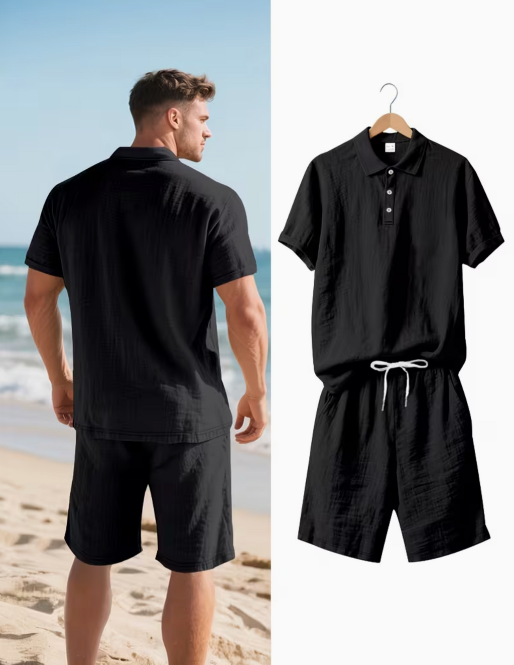 Men's Polo Shirt and Shorts Set with Adjustable Waist, Matching Summer Outfit