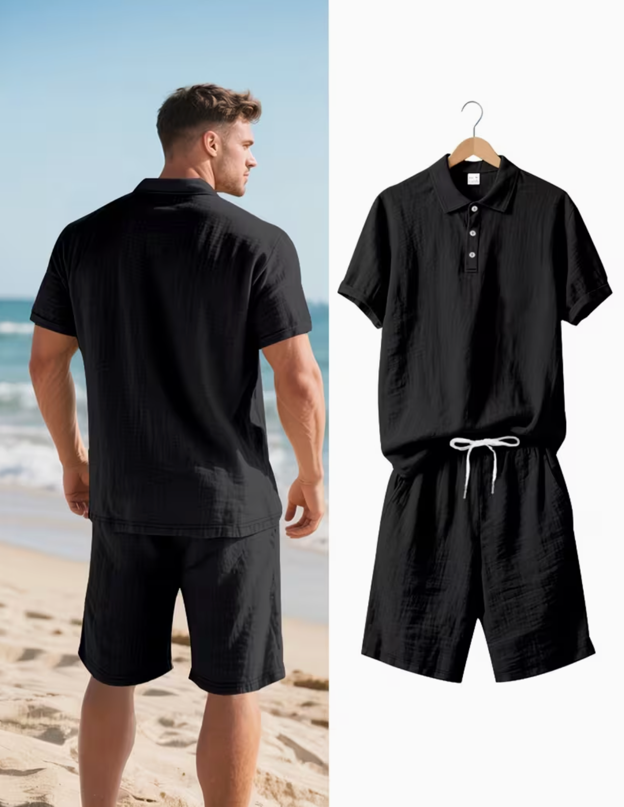 Men's Polo Shirt and Shorts Set with Adjustable Waist, Matching Summer Outfit