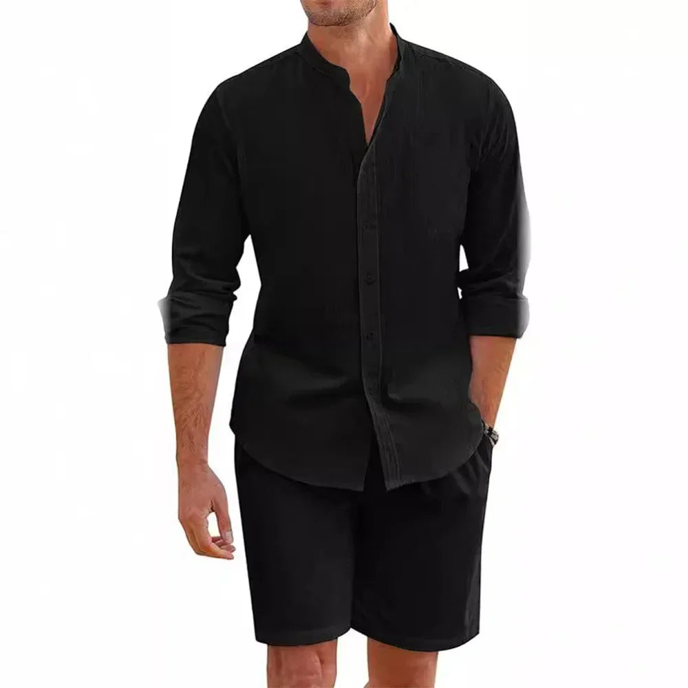 Men's Cotton Linen Two Piece Set - Mandarin Collar Shirt & Shorts
