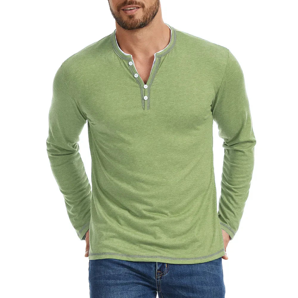 Men's Long Sleeve Cotton Henley Shirt - V-Neck Button Placket Tee