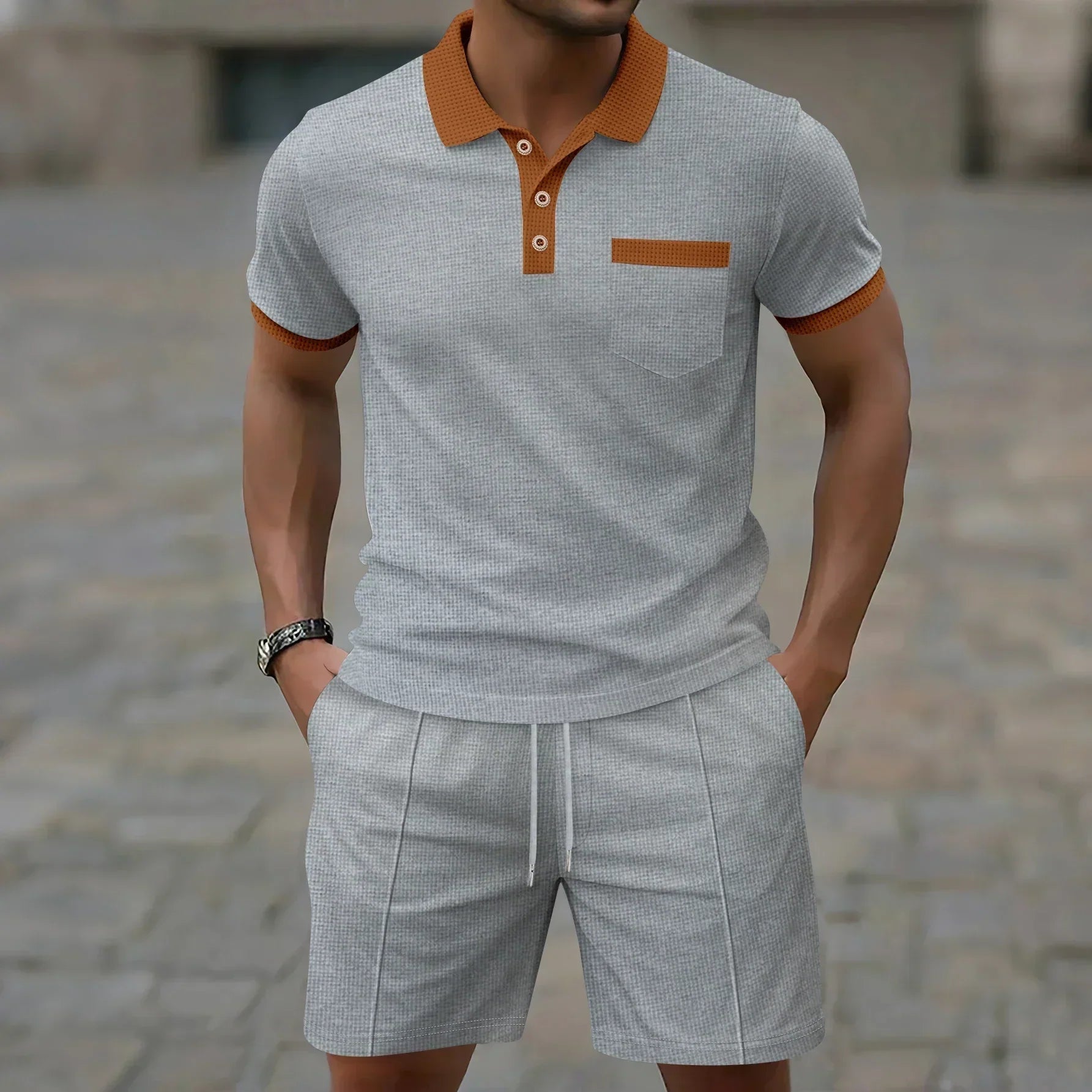 Men's Summer Polo Shirt and Shorts Set with Contrast Collar, Two-Piece Outfit
