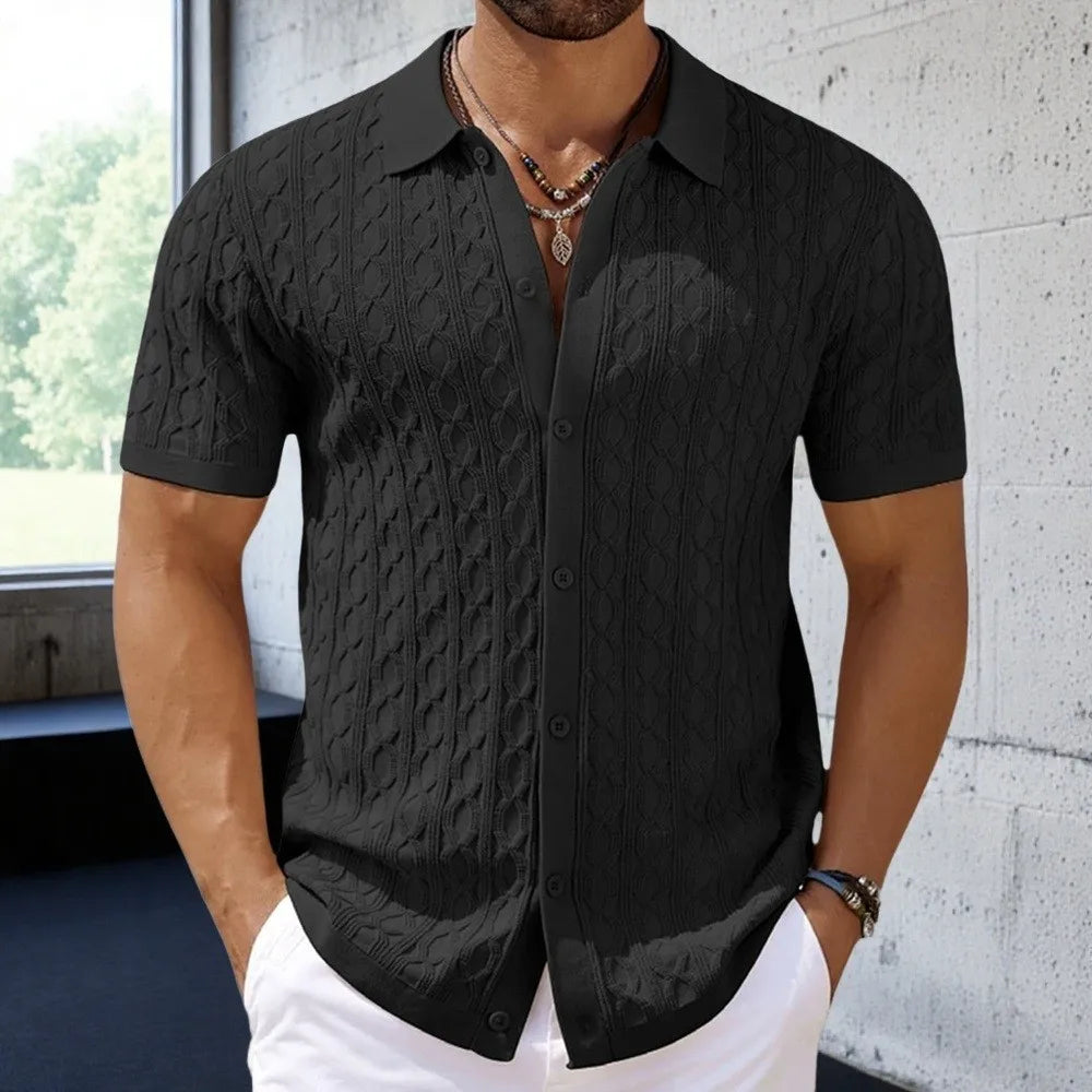 Men's Textured Knit Shirt with Cable Detail, Breathable Stretch Fit