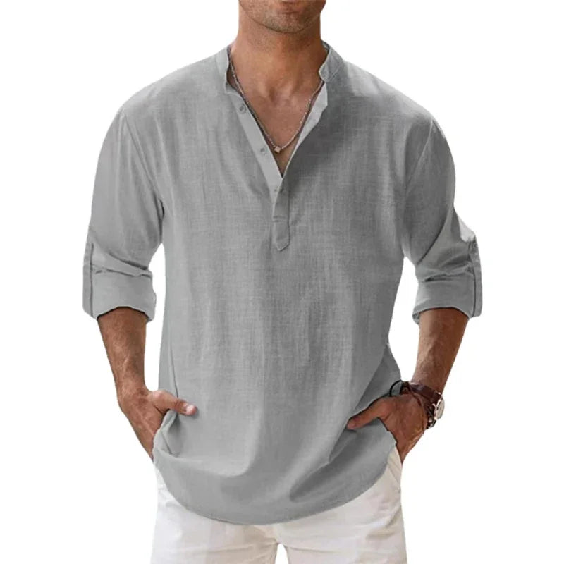 Men's Long Sleeve Henley Shirt - Relaxed Fit Button Neckline Tee