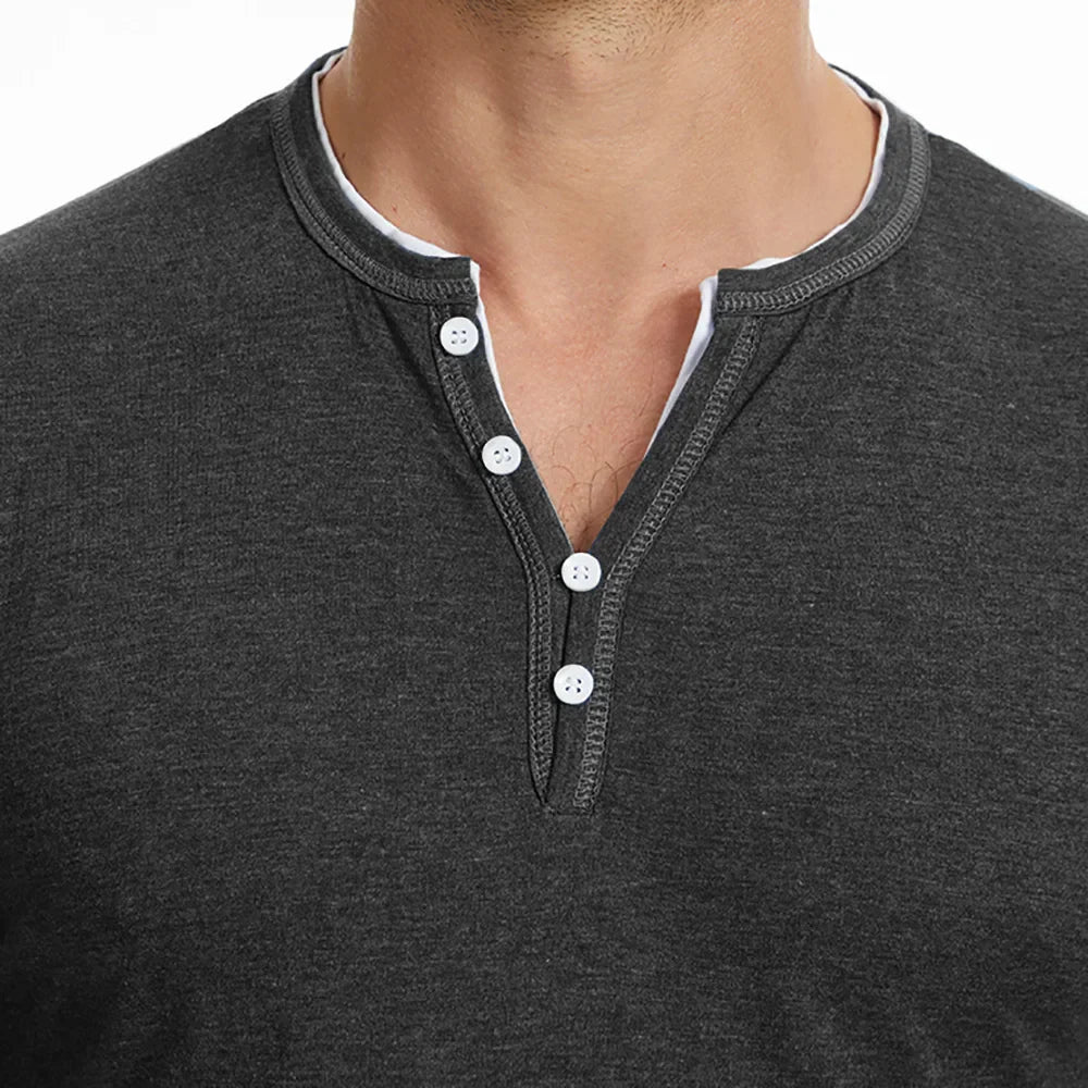 Men's Long Sleeve Cotton Henley Shirt - V-Neck Button Placket Tee
