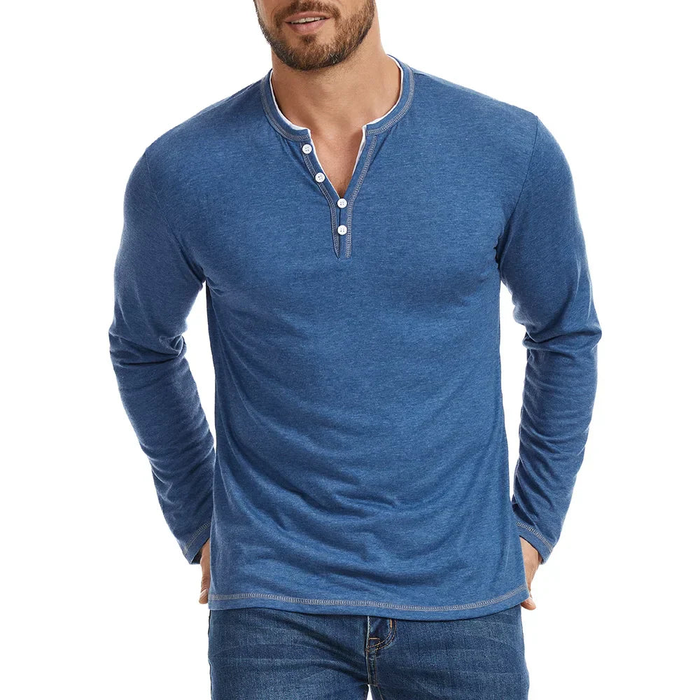 Men's Long Sleeve Cotton Henley Shirt - V-Neck Button Placket Tee
