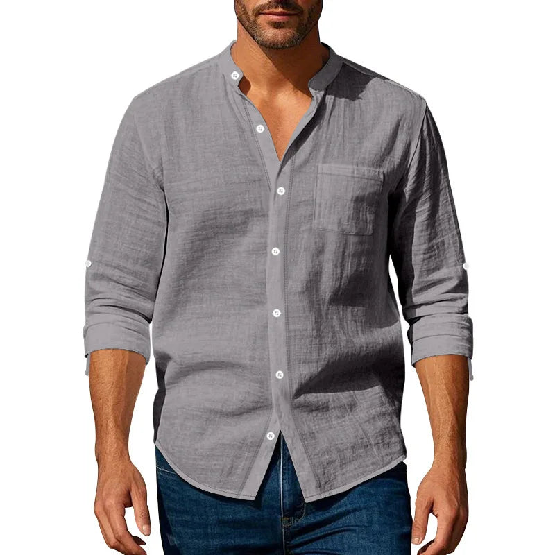 Men's Linen Long Sleeve Shirt with Stand Collar, Lightweight Casual Fit
