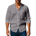 Men's Linen Long Sleeve Shirt with Stand Collar, Lightweight Casual Fit