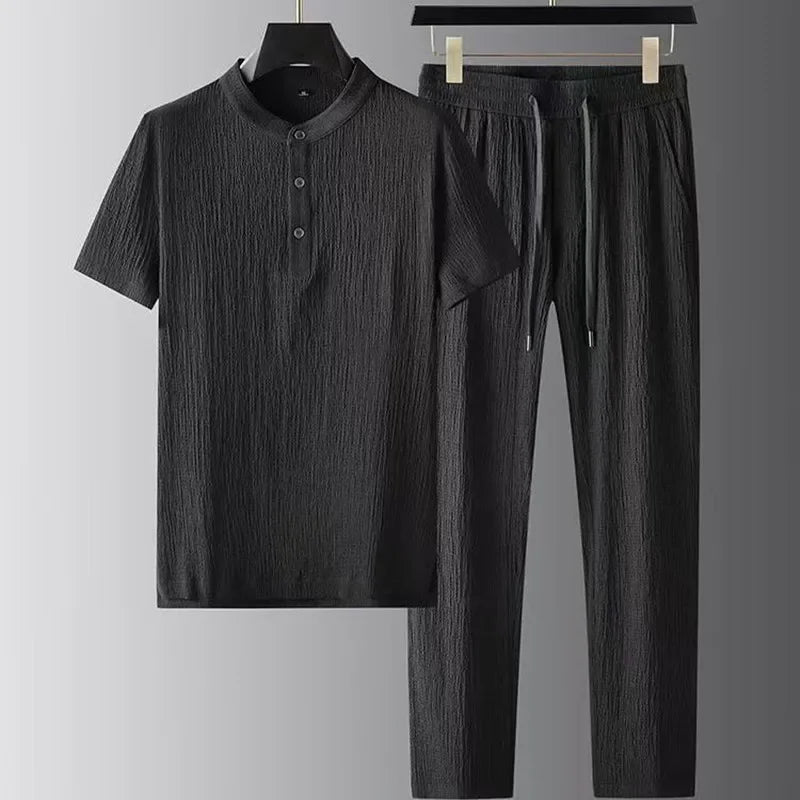 Men's Two Piece Shirt & Trouser Set - Textured Relaxed Fit Outfit
