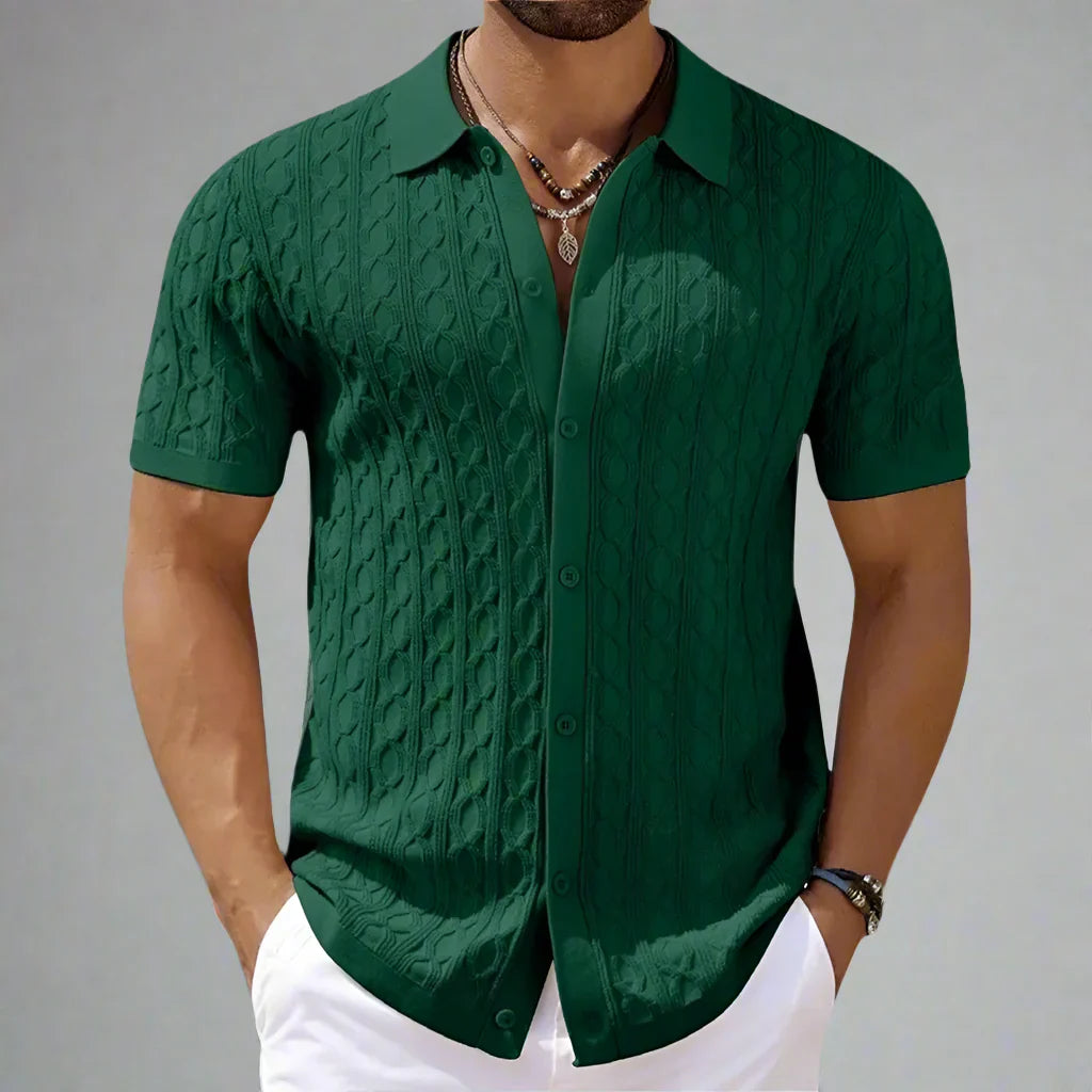 Men's Textured Knit Shirt with Cable Detail, Breathable Stretch Fit