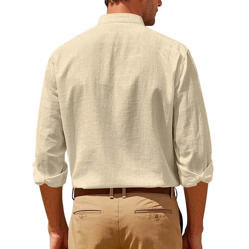 Men's Linen Long Sleeve Shirt with Stand Collar, Lightweight Casual Fit