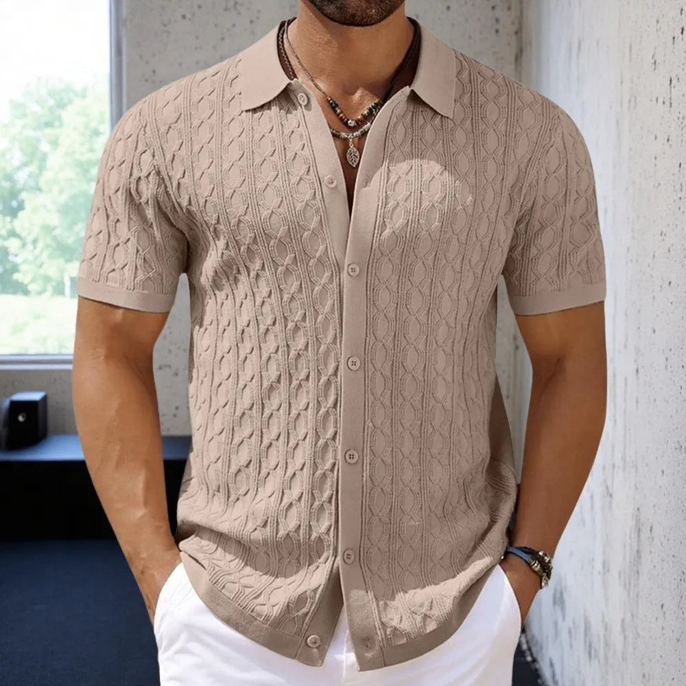 Men's Textured Knit Shirt with Cable Detail, Breathable Stretch Fit